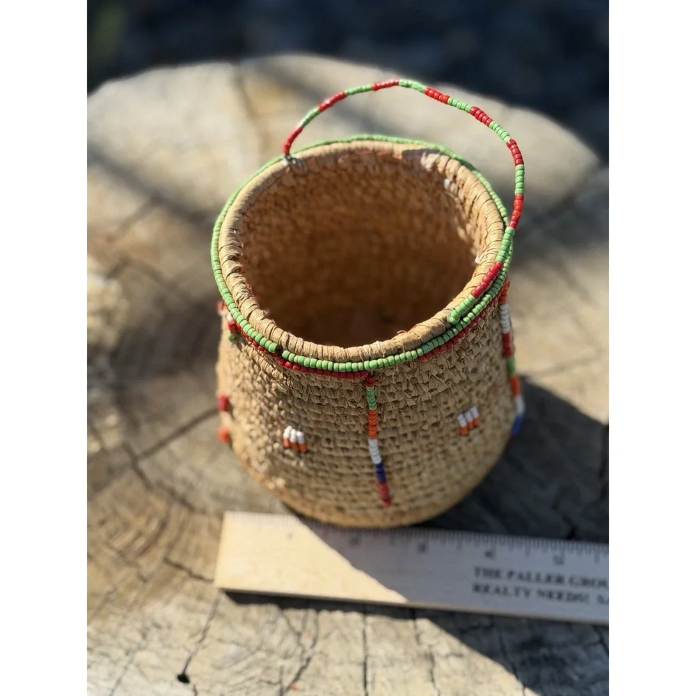 Old Expertly Handwoven‎ Beaded Basket – Glass Trade Beads – 4.5
